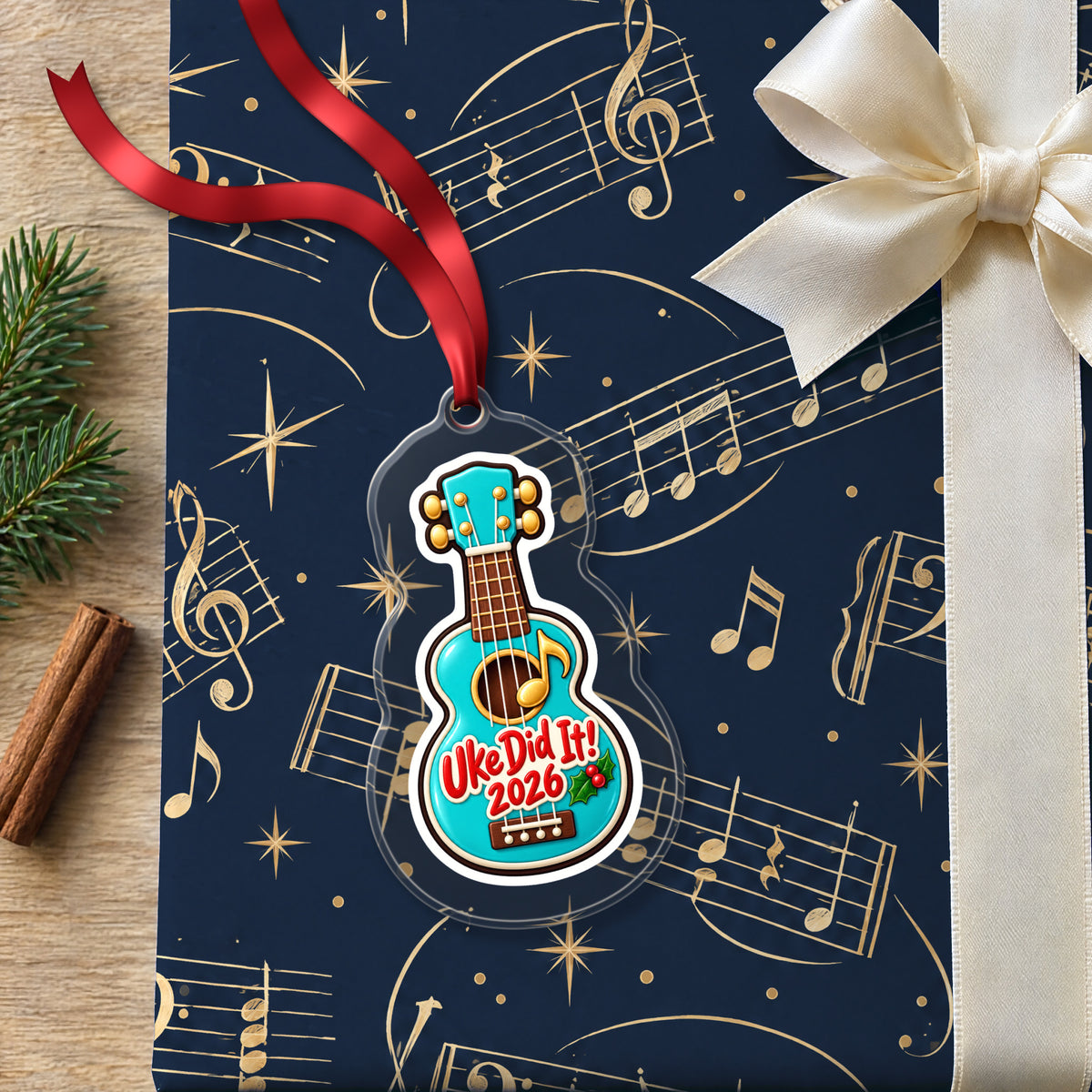 Uke Did It 2026 First Ukulele clear acrylic Christmas ornament lying on a gift wrapped in Rhythm and Beat music wrapping paper