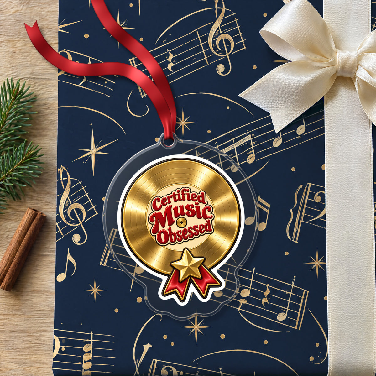 Certified Music Obsessed Gold Record clear acrylic Christmas ornament lying on a gift wrapped in Rhythm and Beat music wrapping paper