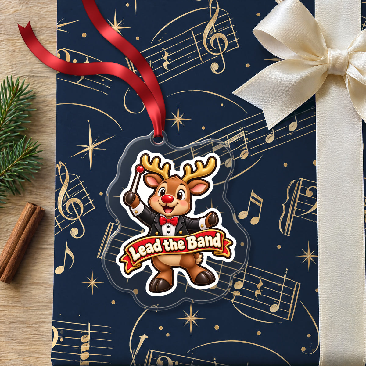 Lead the Band Reindeer Conductor clear acrylic Christmas ornament lying on a gift wrapped in Rhythm and Beat music wrapping paper