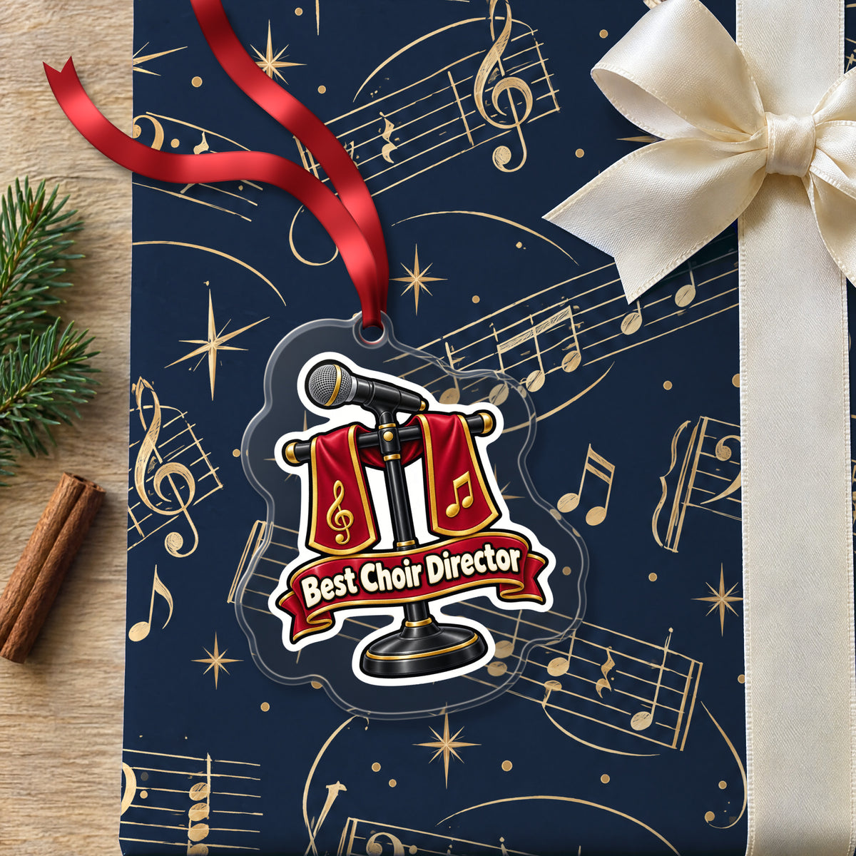 Best Choir Director clear acrylic Christmas ornament lying on a gift wrapped in Rhythm and Beat music wrapping paper
