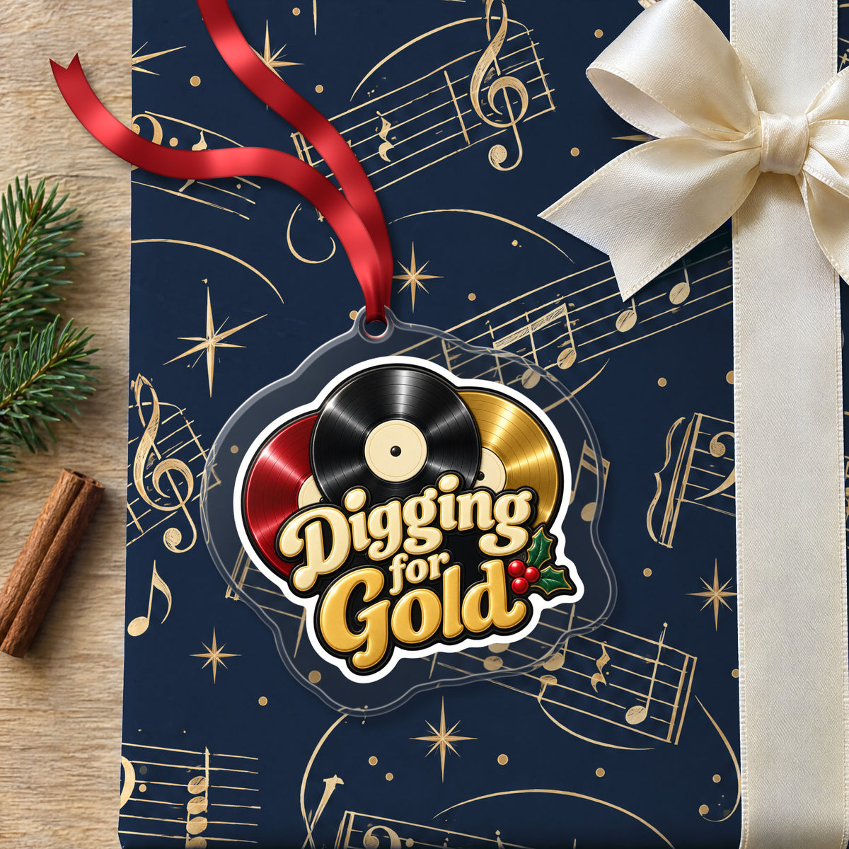 Digging for Gold Vinyl Records clear acrylic Christmas ornament lying on a gift wrapped in Rhythm and Beat music wrapping paper