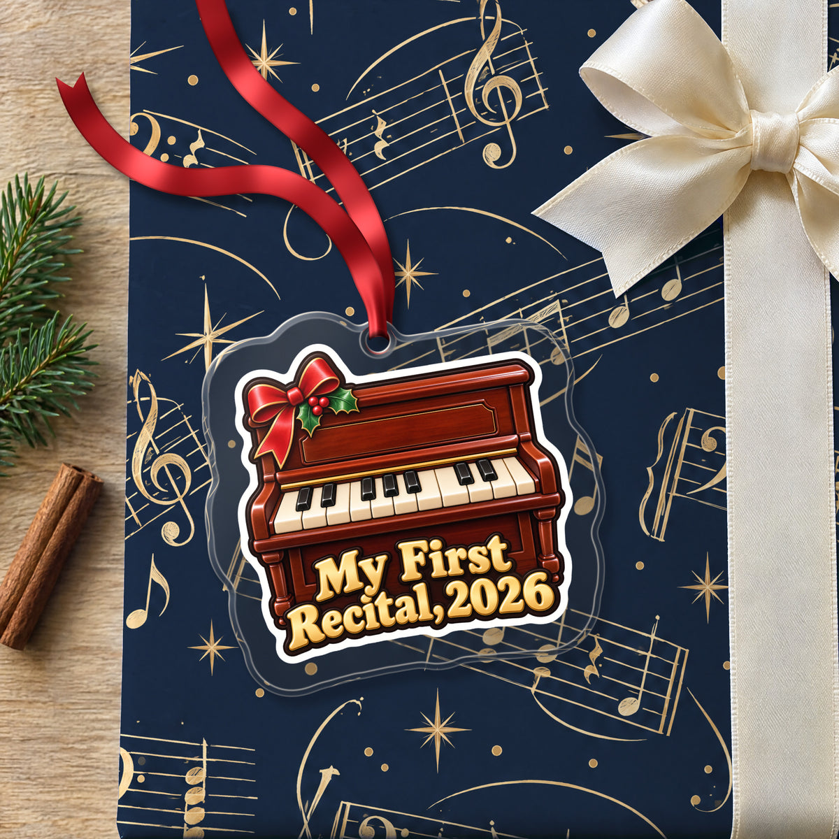 My First Piano Recital 2026 clear acrylic Christmas ornament lying on a gift wrapped in Rhythm and Beat music wrapping paper