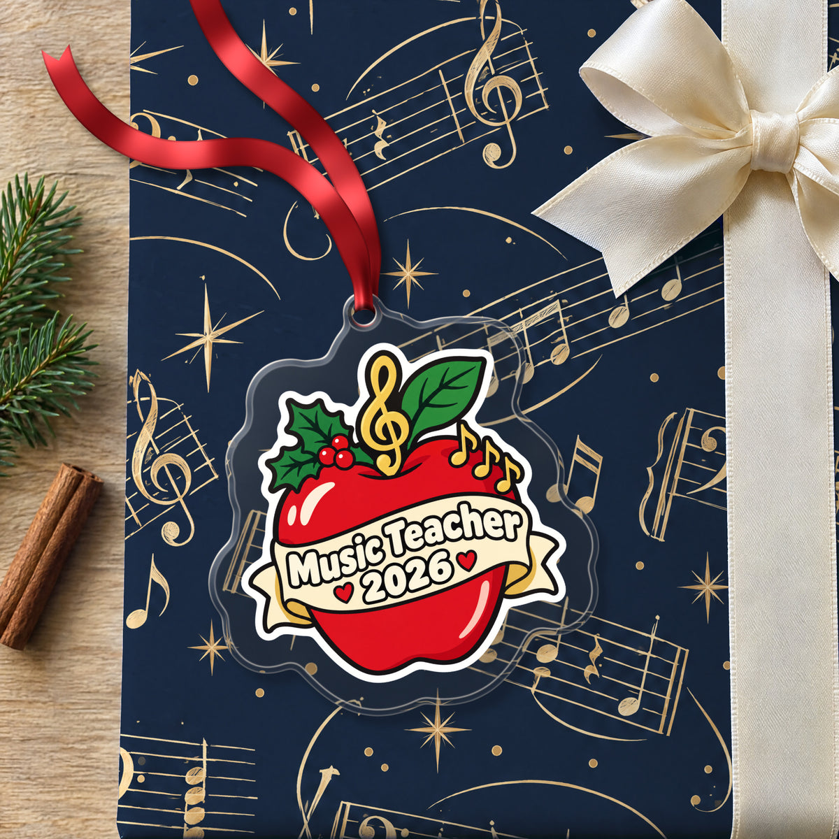 Music Teacher 2026 clear acrylic Christmas ornament lying on a gift wrapped in Rhythm and Beat music wrapping paper