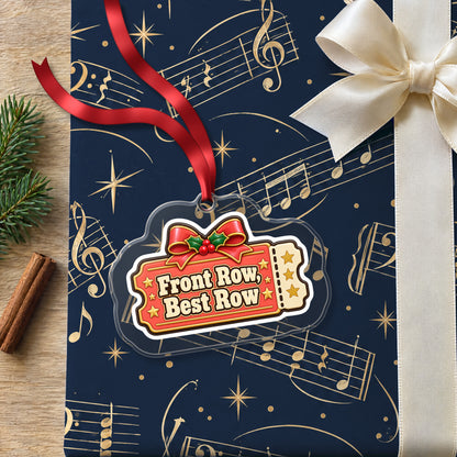 Front Row, Best Row Concert Ticket clear acrylic Christmas ornament lying on a gift wrapped in Rhythm and Beat music wrapping paper