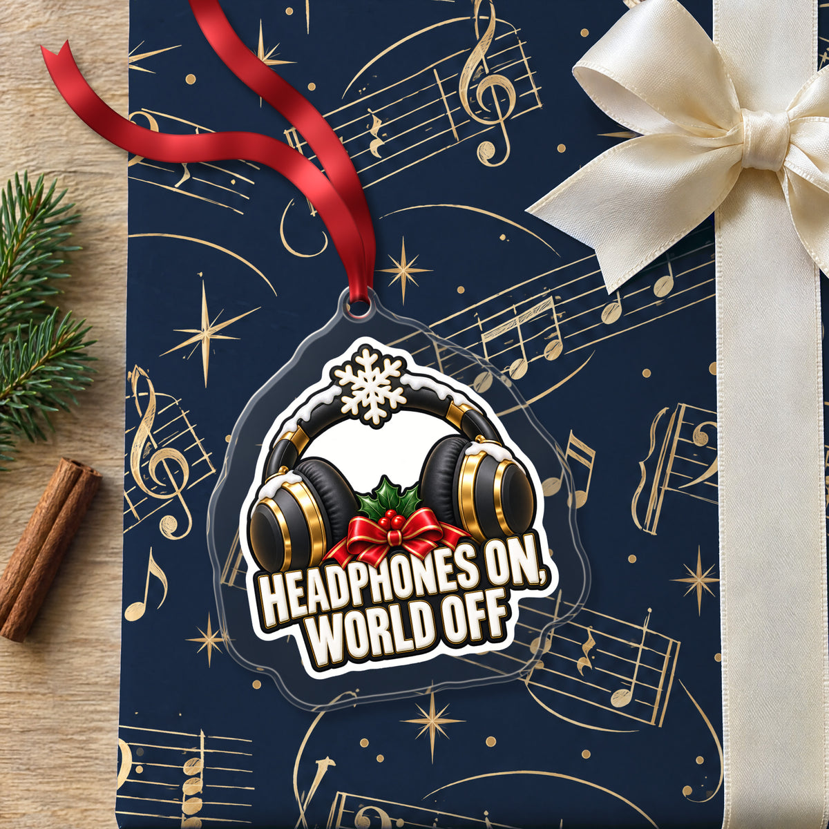 Headphones On, World Off clear acrylic Christmas ornament lying on a gift wrapped in Rhythm and Beat music wrapping paper