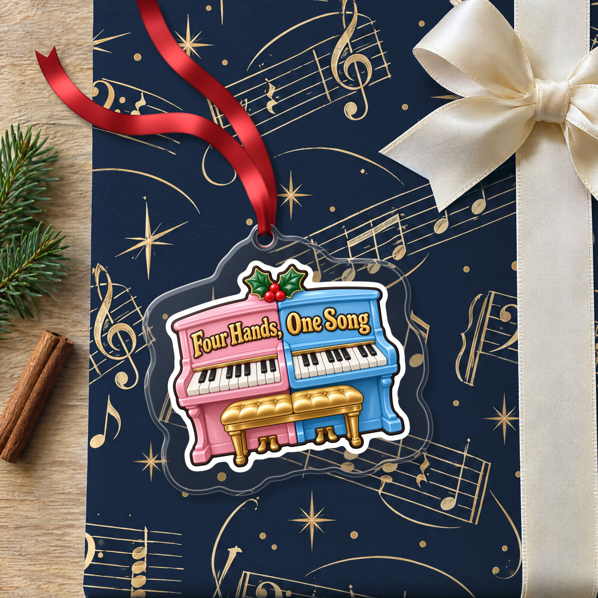 Four Hands, One Song Piano Duet clear acrylic Christmas ornament lying on a gift wrapped in Rhythm and Beat music wrapping paper