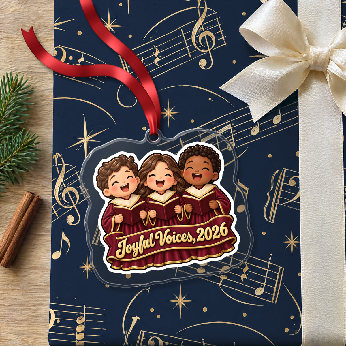 Joyful Voices 2026 Choir clear acrylic Christmas ornament lying on a gift wrapped in Rhythm and Beat music wrapping paper