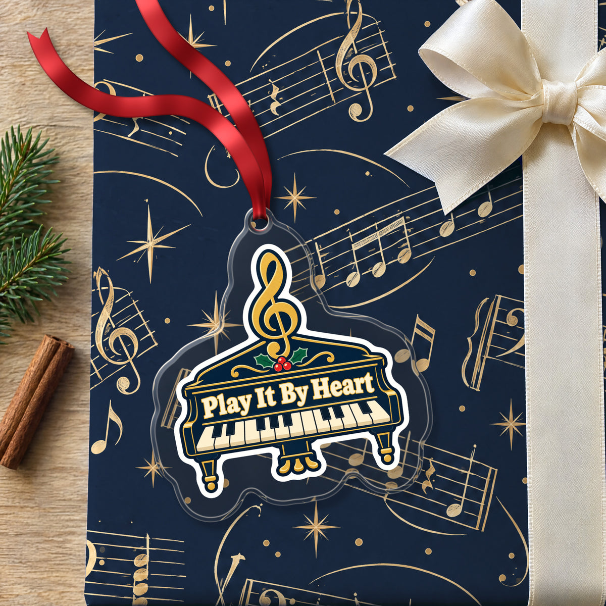 Play It By Heart Grand Piano clear acrylic Christmas ornament lying on a gift wrapped in Rhythm and Beat music wrapping paper