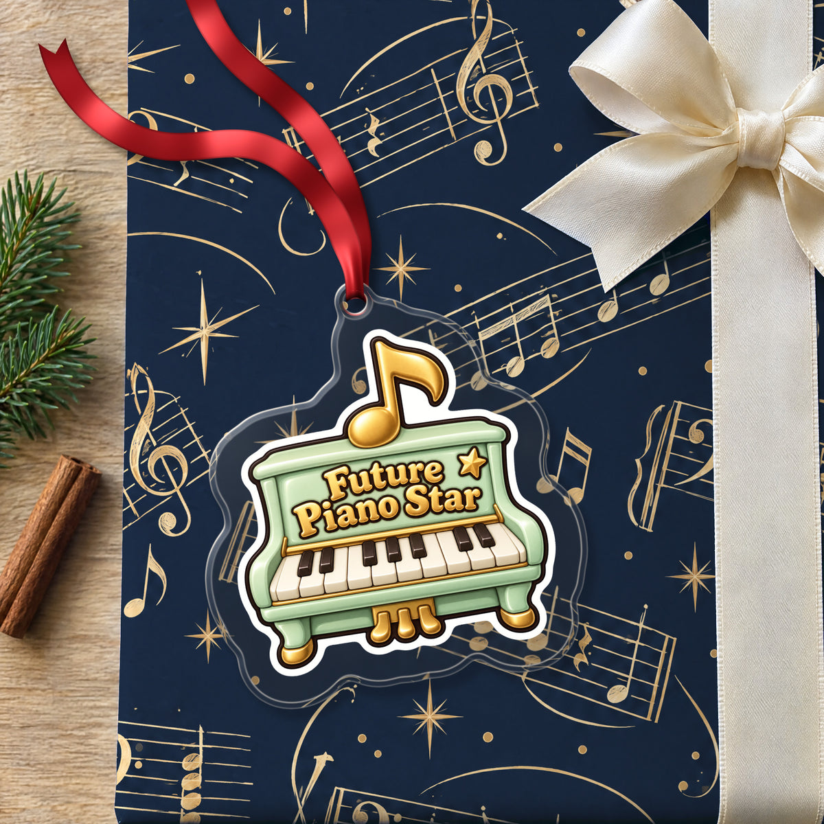 Future Piano Star clear acrylic Christmas ornament lying on a gift wrapped in Rhythm and Beat music wrapping paper