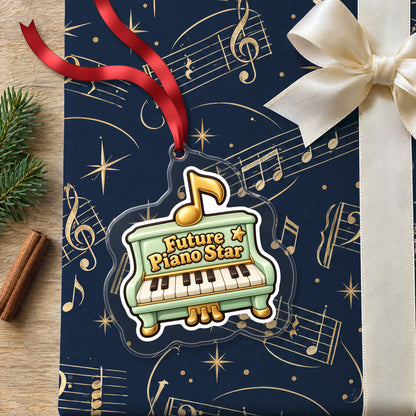 Future Piano Star clear acrylic Christmas ornament lying on a gift wrapped in Rhythm and Beat music wrapping paper