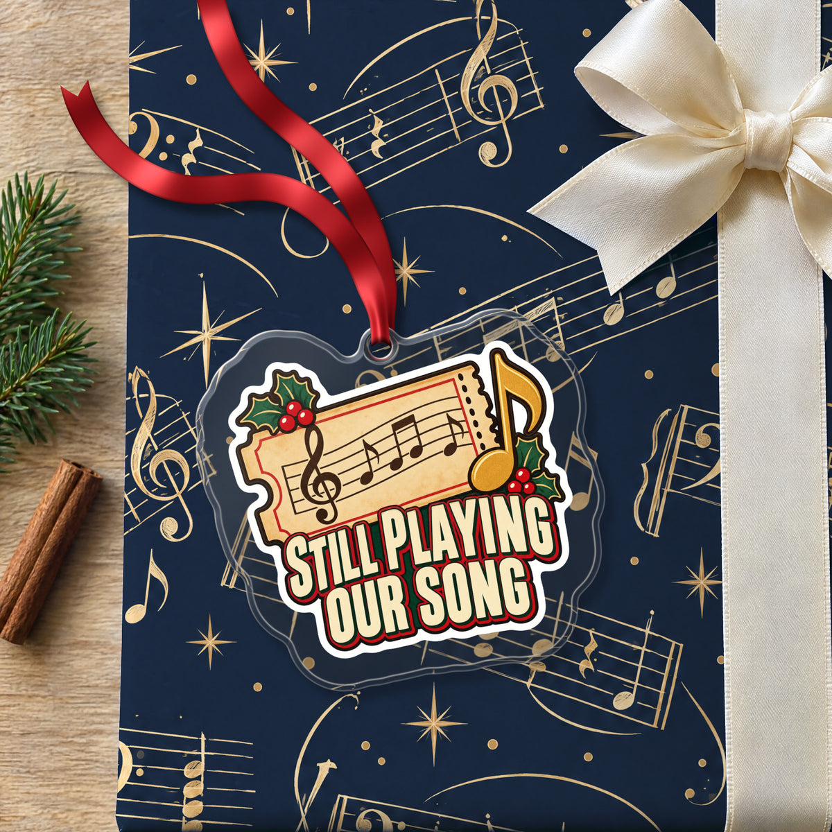Still Playing Our Song Concert Ticket clear acrylic Christmas ornament lying on a gift wrapped in Rhythm and Beat music wrapping paper