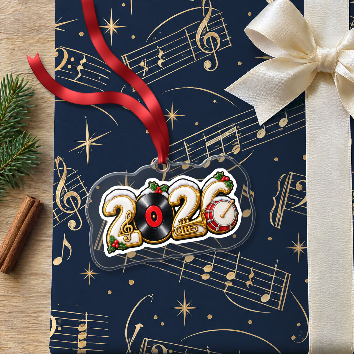 2026 Music Lover clear acrylic Christmas ornament lying on a gift wrapped in Rhythm and Beat music wrapping paper