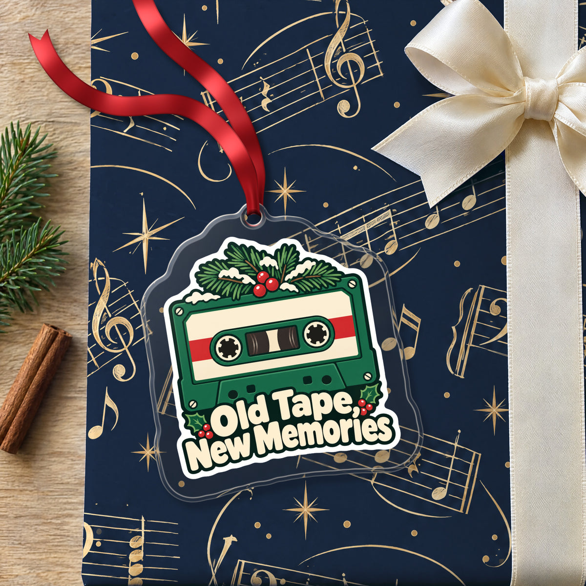 Old Tape, New Memories Cassette clear acrylic Christmas ornament lying on a gift wrapped in Rhythm and Beat music wrapping paper