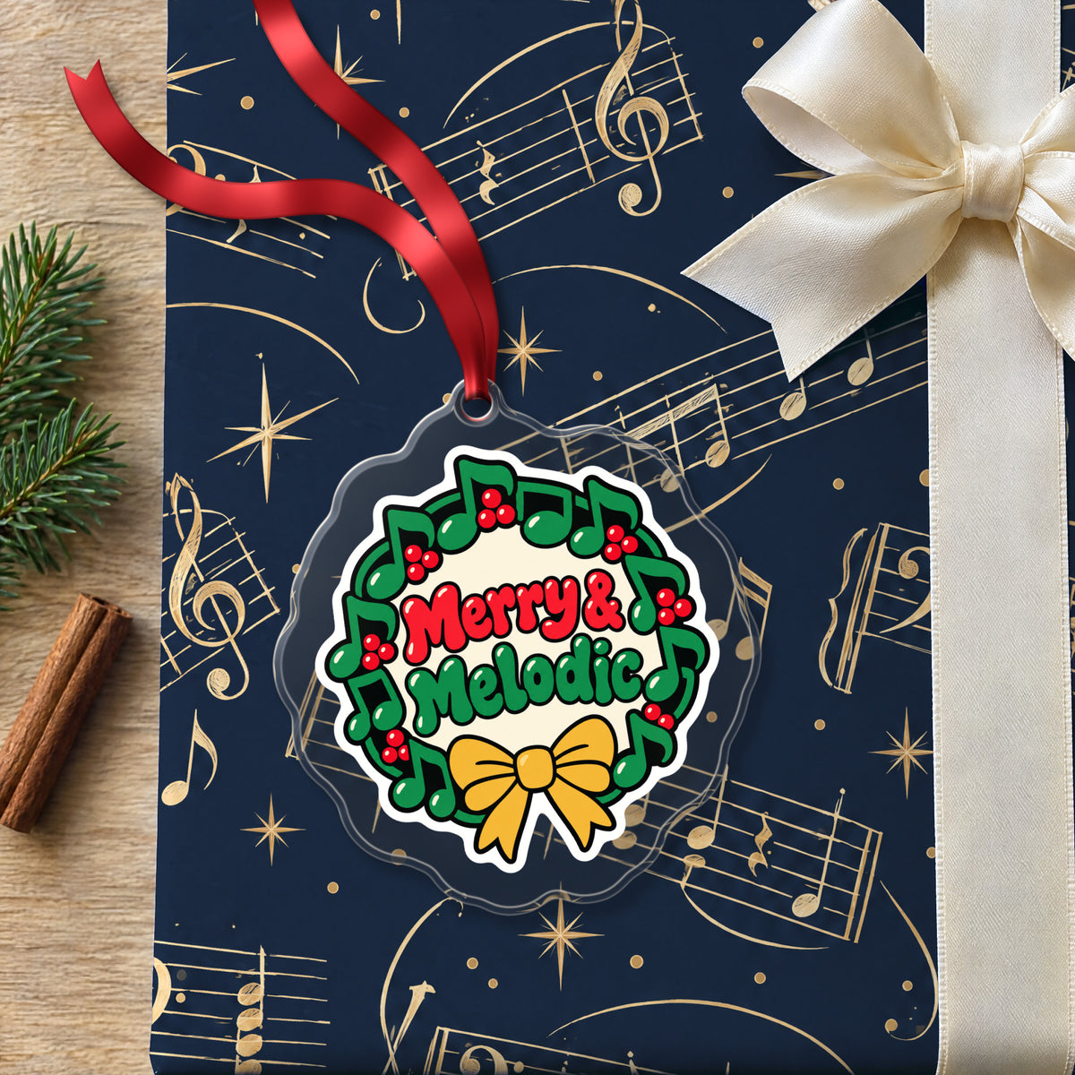 Merry & Melodic Music Note Wreath clear acrylic Christmas ornament lying on a gift wrapped in Rhythm and Beat music wrapping paper