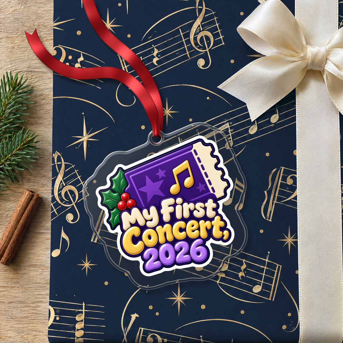 My First Concert 2026 Ticket clear acrylic Christmas ornament lying on a gift wrapped in Rhythm and Beat music wrapping paper
