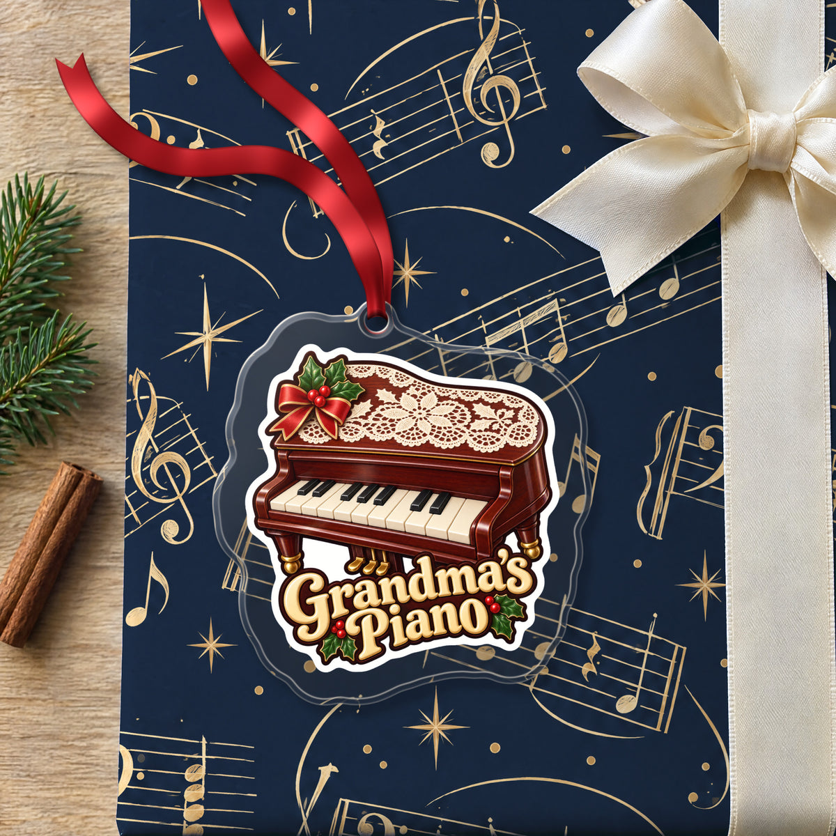 Grandma's Piano clear acrylic Christmas ornament lying on a gift wrapped in Rhythm and Beat music wrapping paper