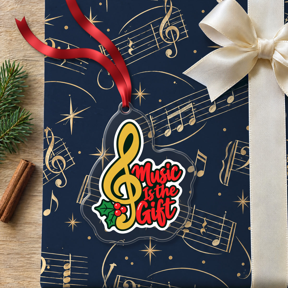 Music Is the Gift Treble Clef clear acrylic Christmas ornament lying on a gift wrapped in Rhythm and Beat music wrapping paper