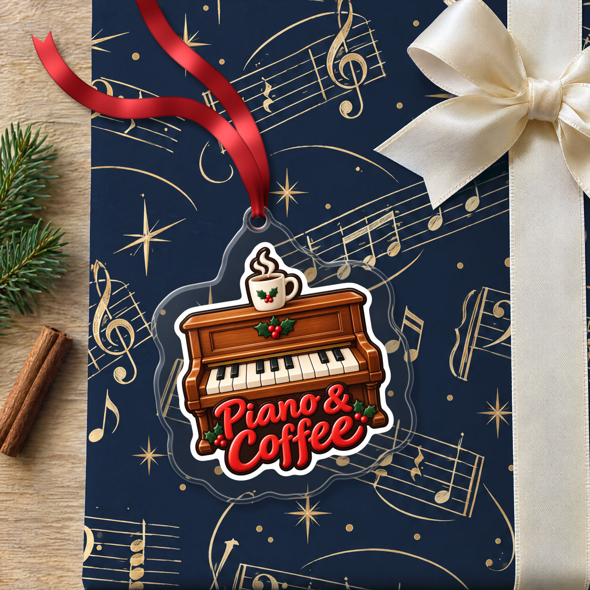 Piano & Coffee Christmas Ornament for Pianists clear acrylic Christmas ornament lying on a gift wrapped in Rhythm and Beat music wrapping paper