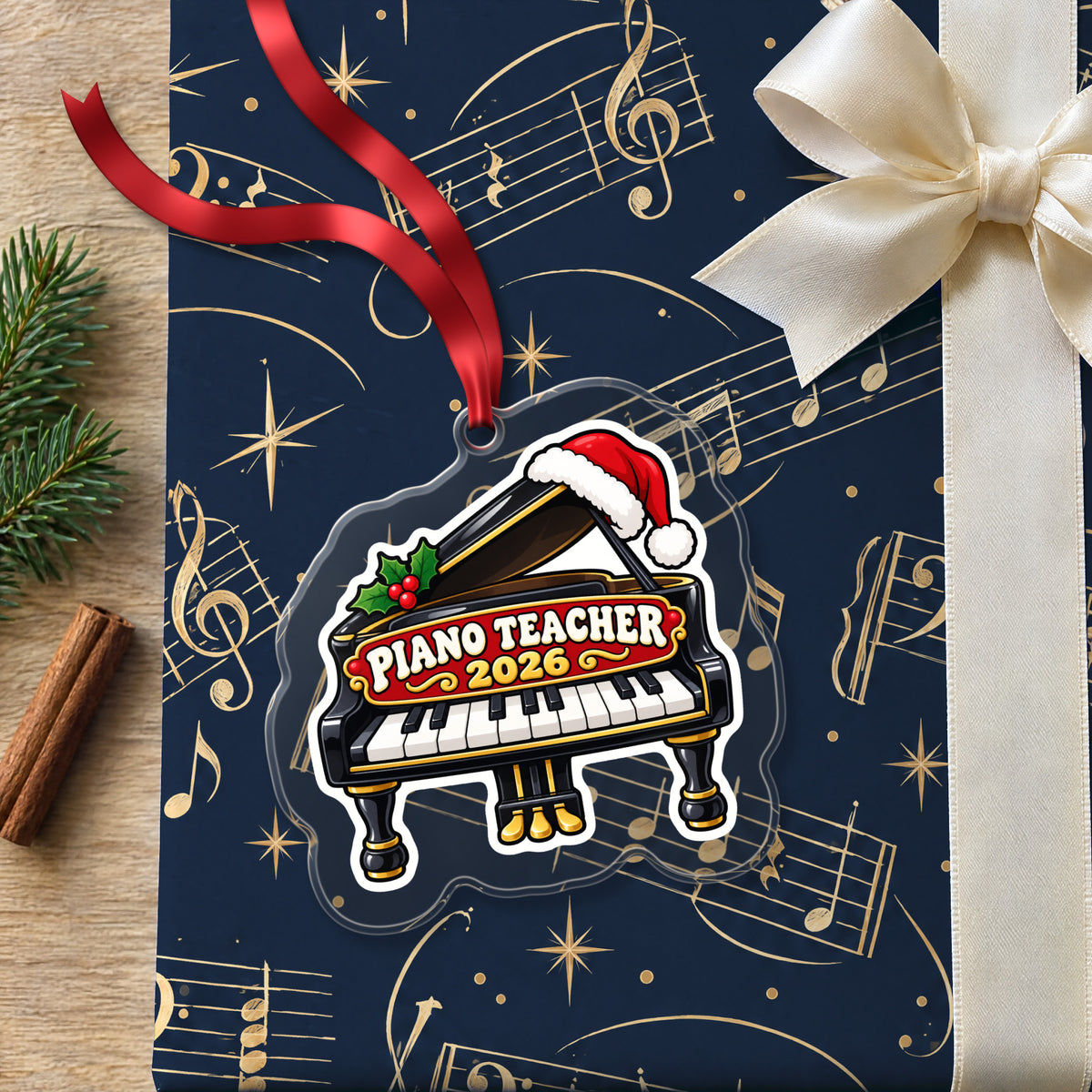Piano Teacher 2026 clear acrylic Christmas ornament lying on a gift wrapped in Rhythm and Beat music wrapping paper
