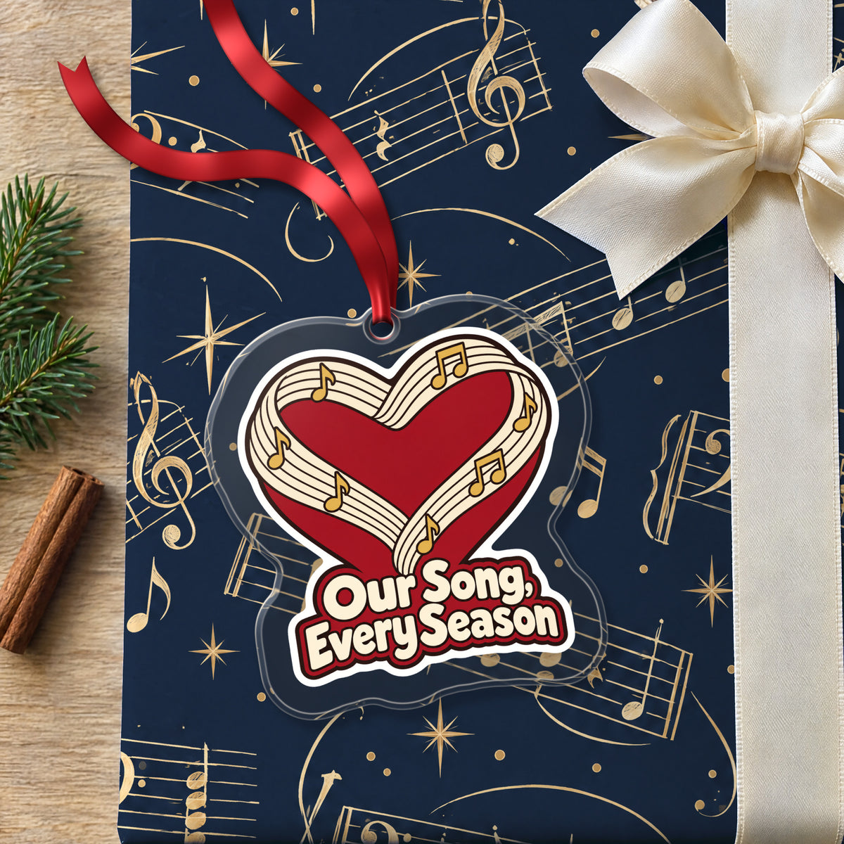 Our Song, Every Season Sheet Music Heart clear acrylic Christmas ornament lying on a gift wrapped in Rhythm and Beat music wrapping paper