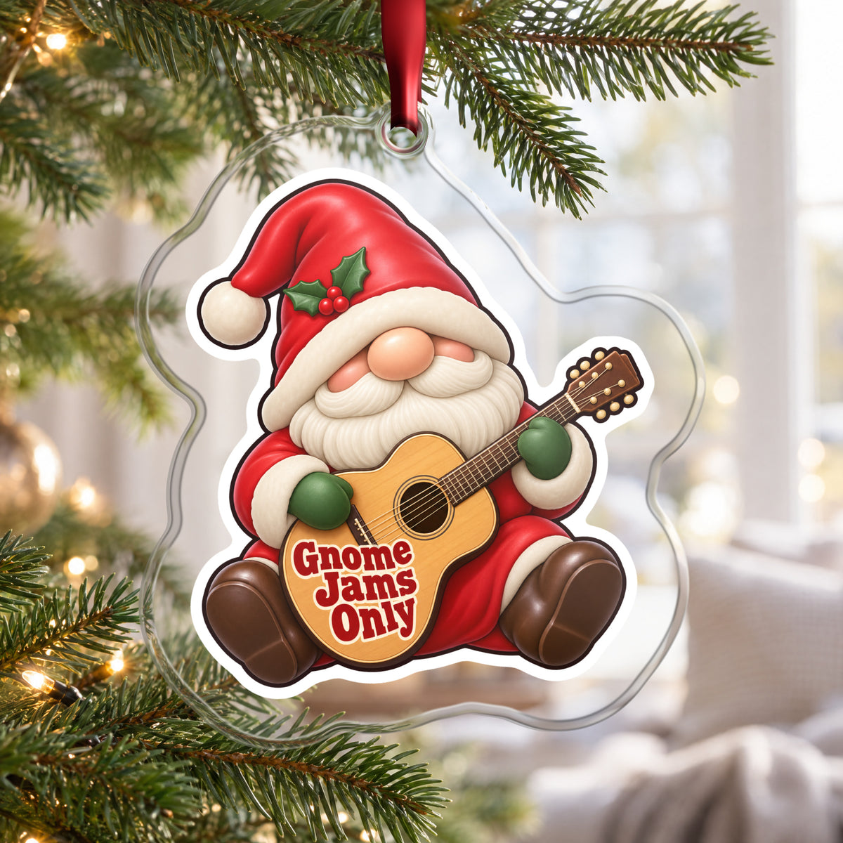 Gnome Jams Only Guitar Gnome clear acrylic Christmas ornament hanging on a Christmas tree by a bright window