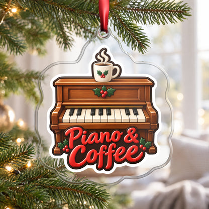 Piano & Coffee Christmas Ornament for Pianists clear acrylic Christmas ornament hanging on a Christmas tree by a bright window