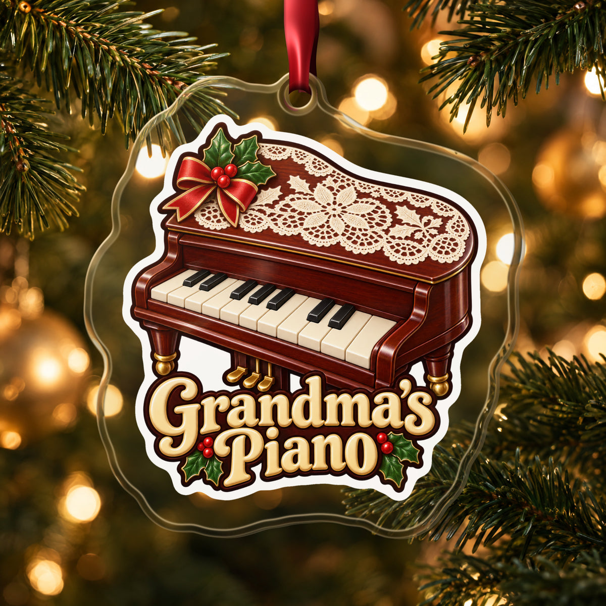 Grandma's Piano clear acrylic Christmas ornament hanging on a lit Christmas tree with warm gold lights