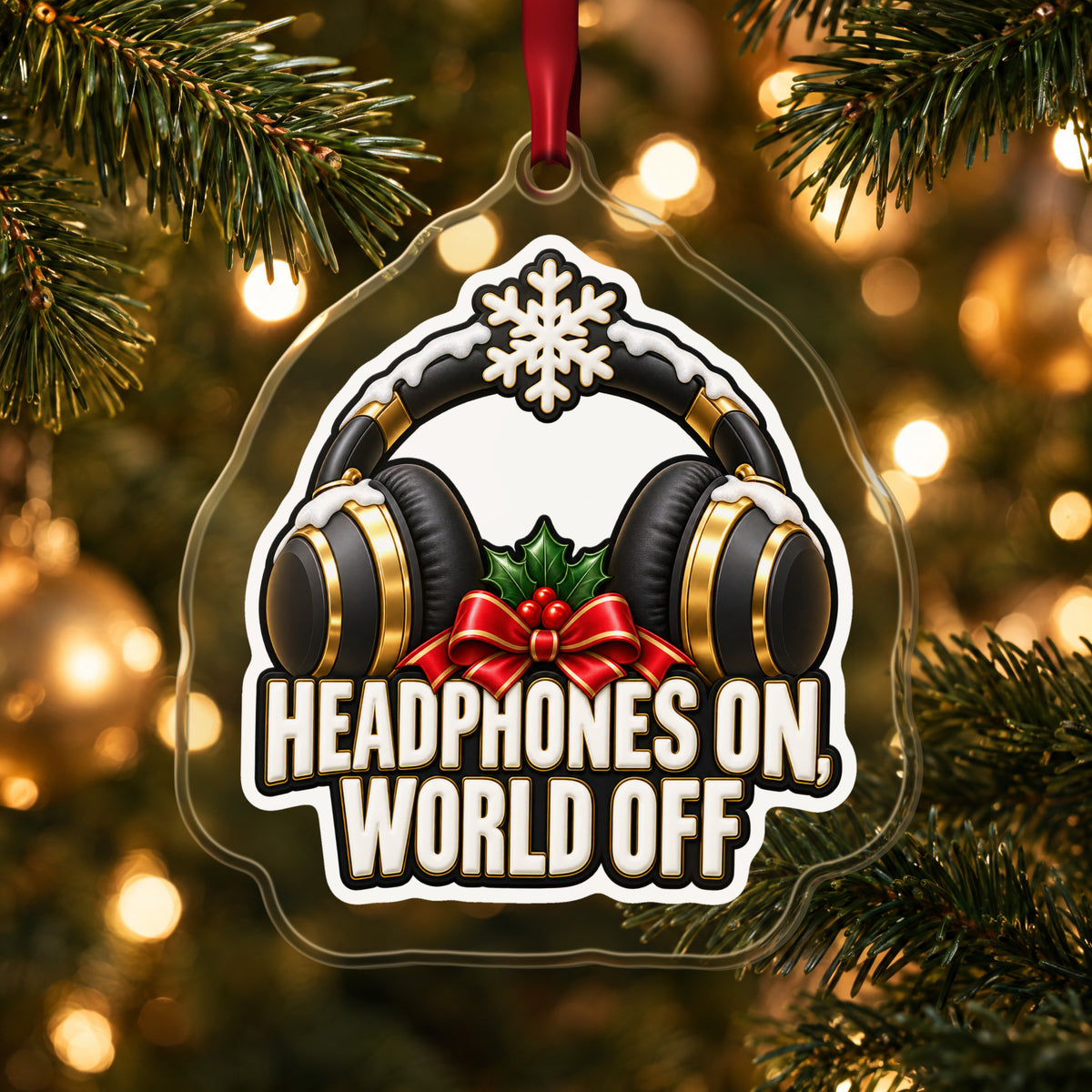 Headphones On, World Off clear acrylic Christmas ornament hanging on a lit Christmas tree with warm gold lights