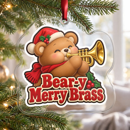 Bear-y Merry Brass Teddy Bear Trumpet clear acrylic Christmas ornament hanging on a Christmas tree by a bright window