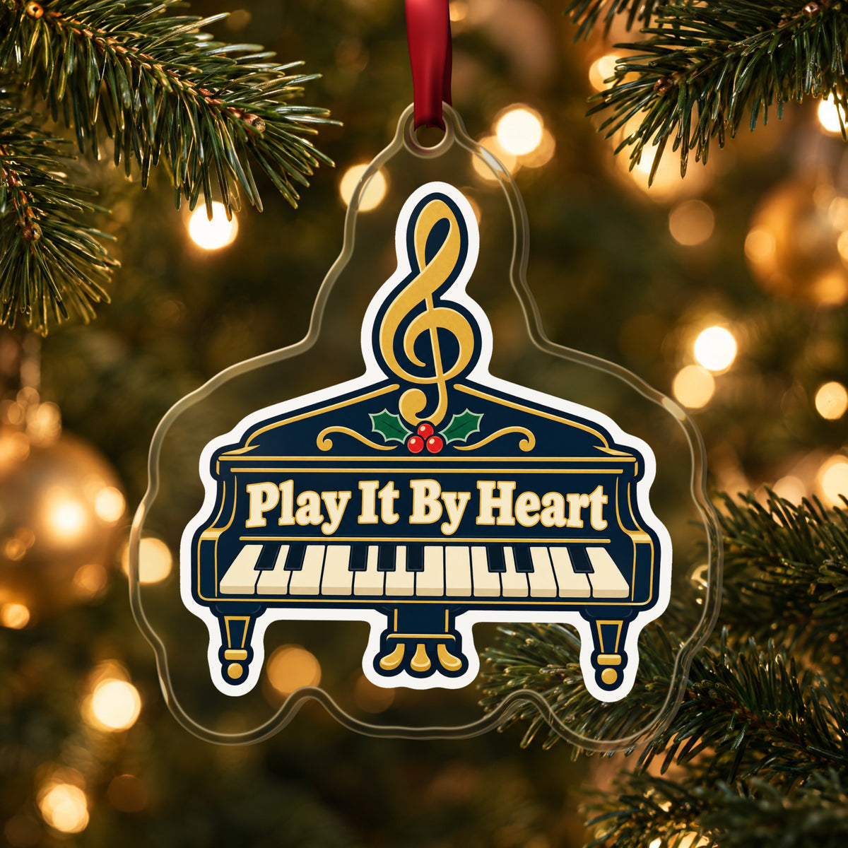 Play It By Heart Grand Piano clear acrylic Christmas ornament hanging on a lit Christmas tree with warm gold lights