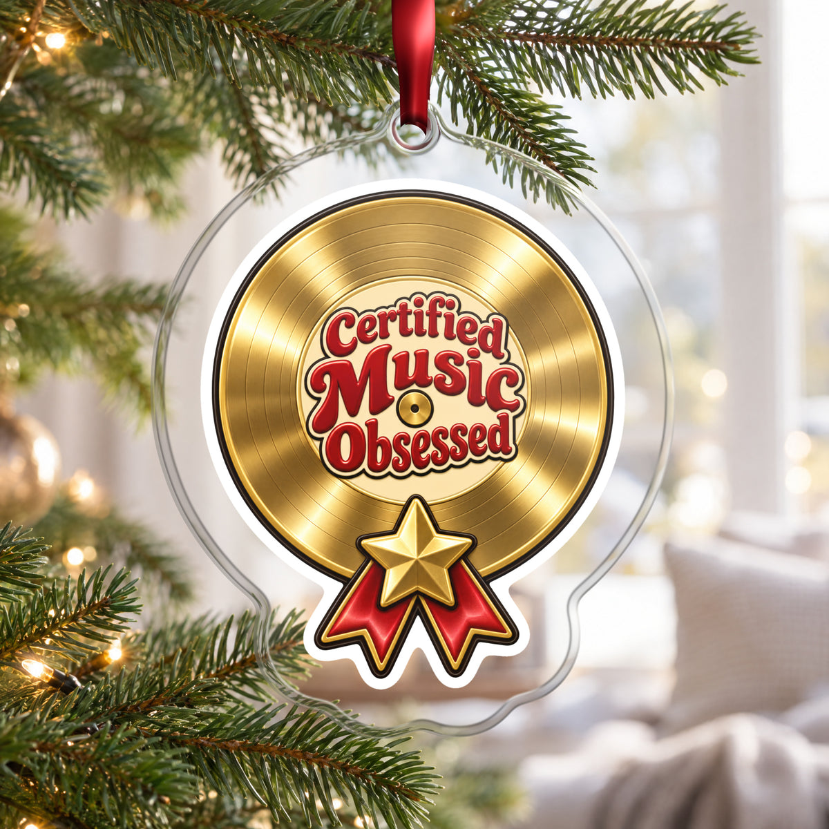 Certified Music Obsessed Gold Record clear acrylic Christmas ornament hanging on a Christmas tree by a bright window