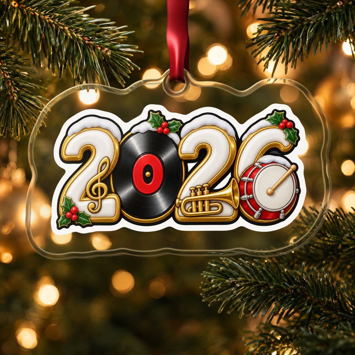 2026 Music Lover clear acrylic Christmas ornament hanging on a lit Christmas tree with warm gold lights