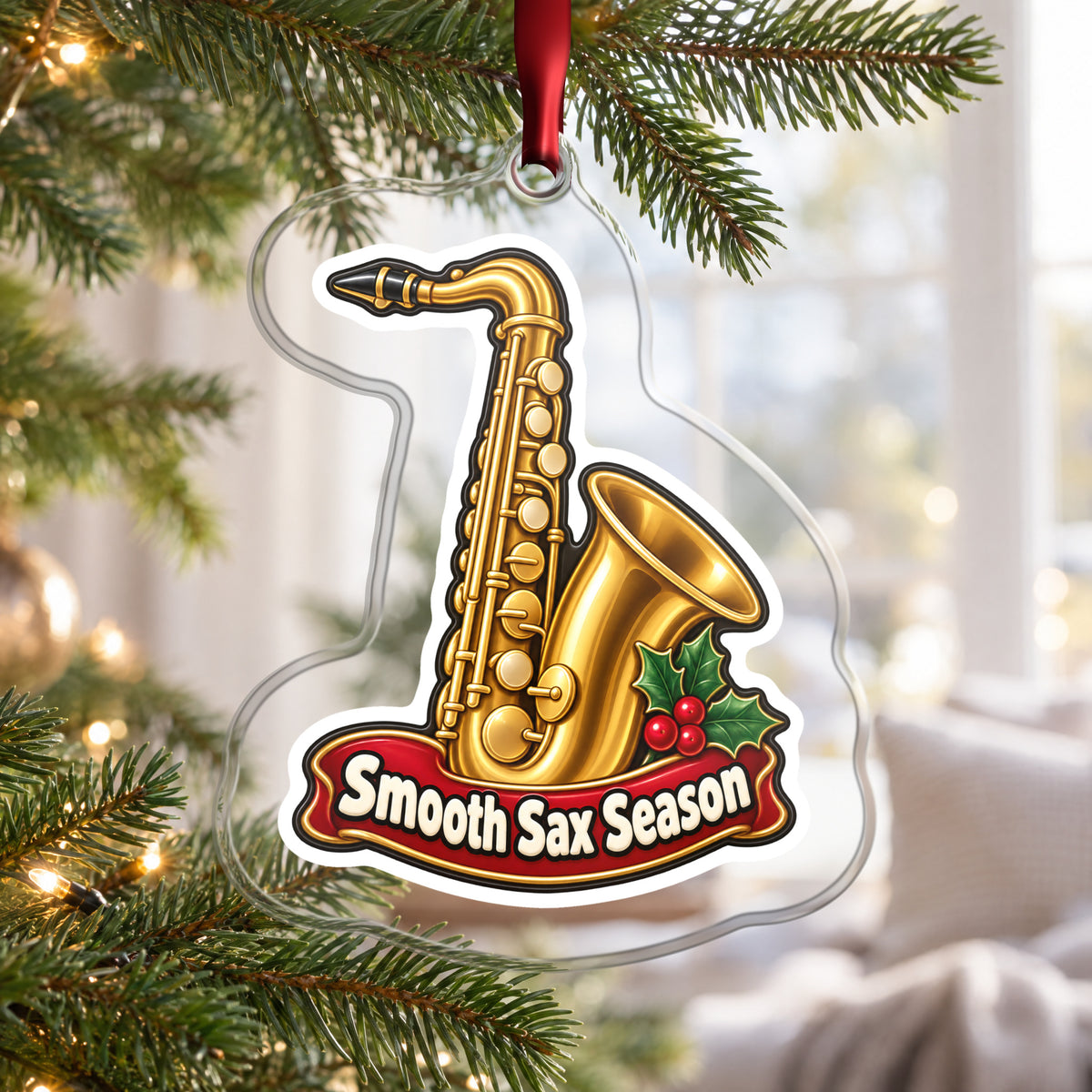 Smooth Sax Season Saxophone clear acrylic Christmas ornament hanging on a Christmas tree by a bright window