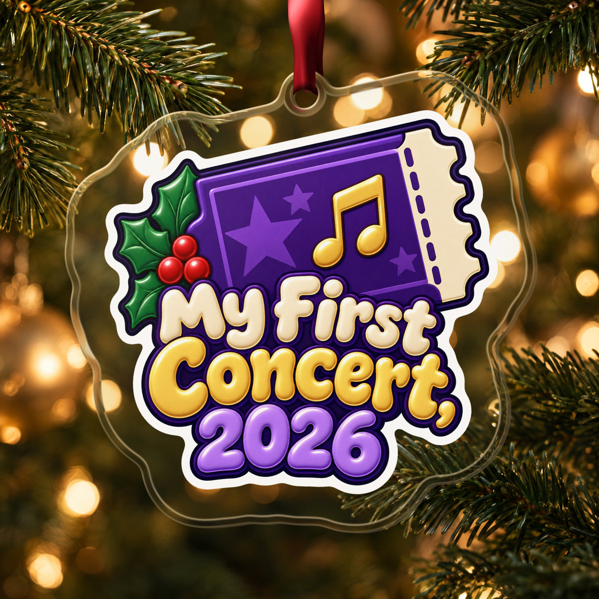 My First Concert 2026 Ticket clear acrylic Christmas ornament hanging on a lit Christmas tree with warm gold lights