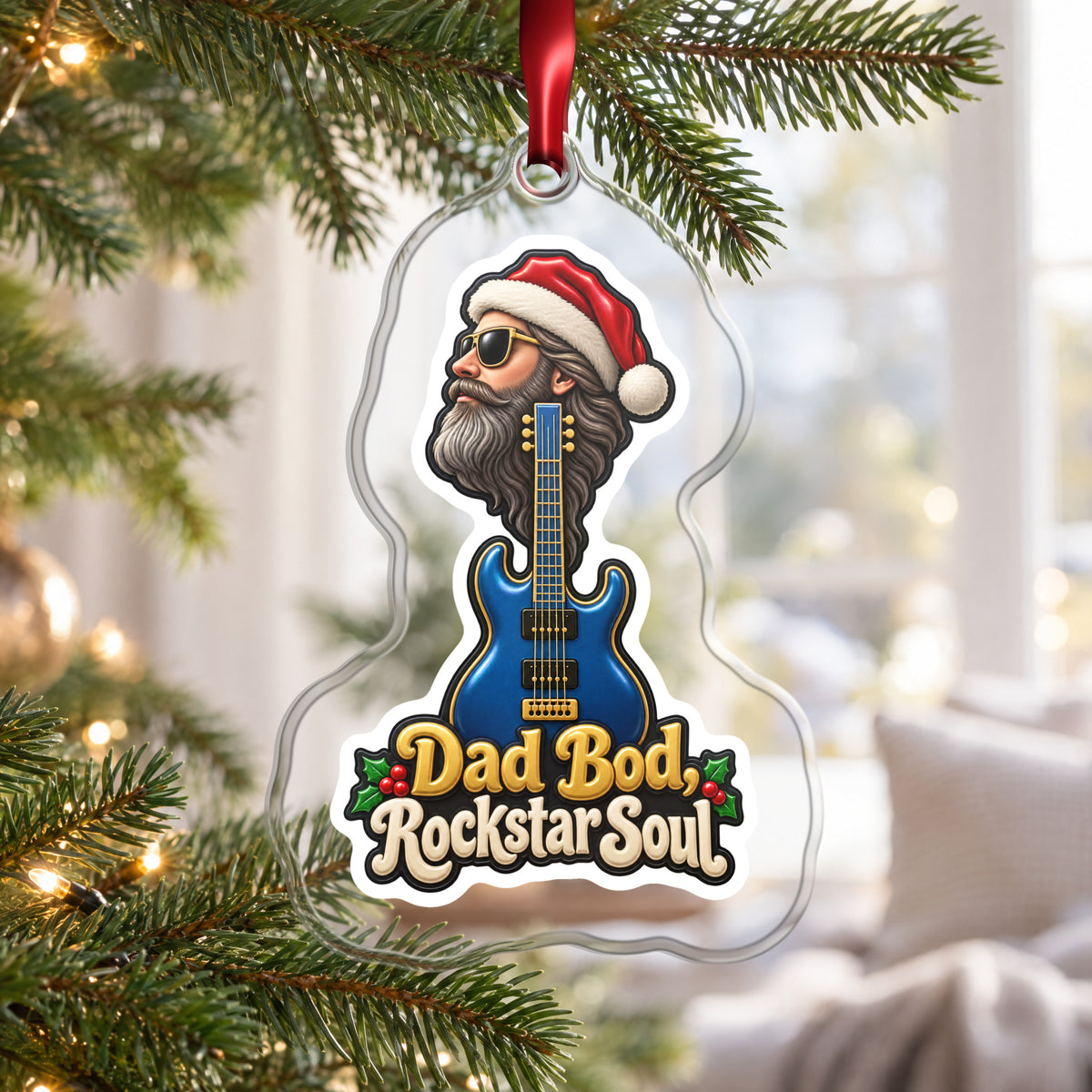 Dad Bod, Rockstar Soul Guitar clear acrylic Christmas ornament hanging on a Christmas tree by a bright window
