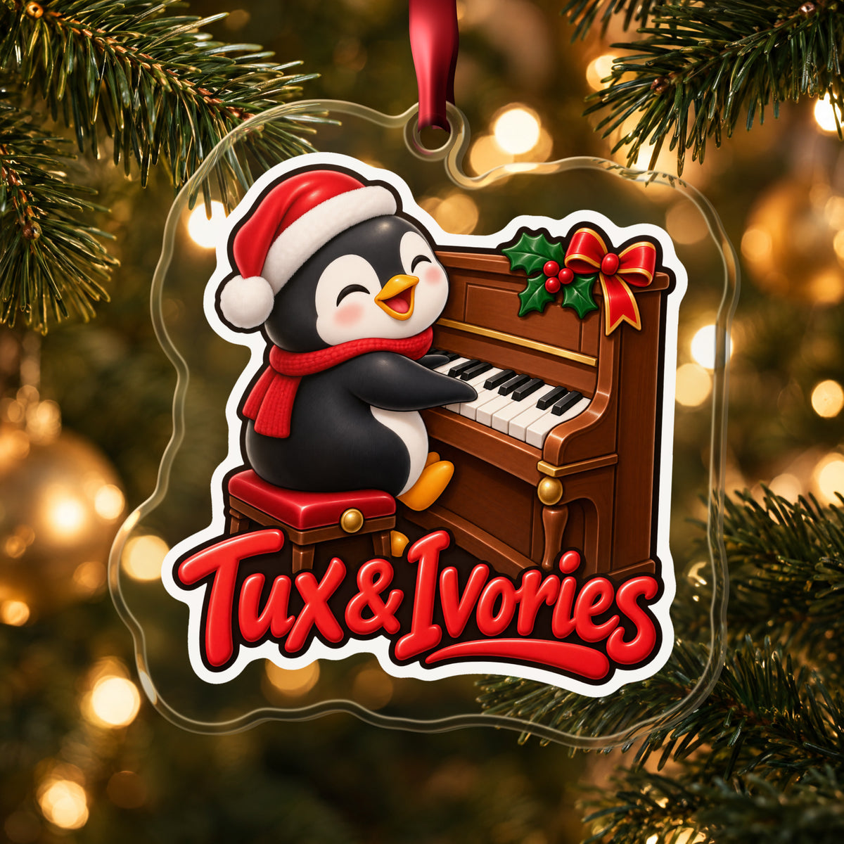 Tux & Ivories Penguin Piano clear acrylic Christmas ornament hanging on a lit Christmas tree with warm gold lights