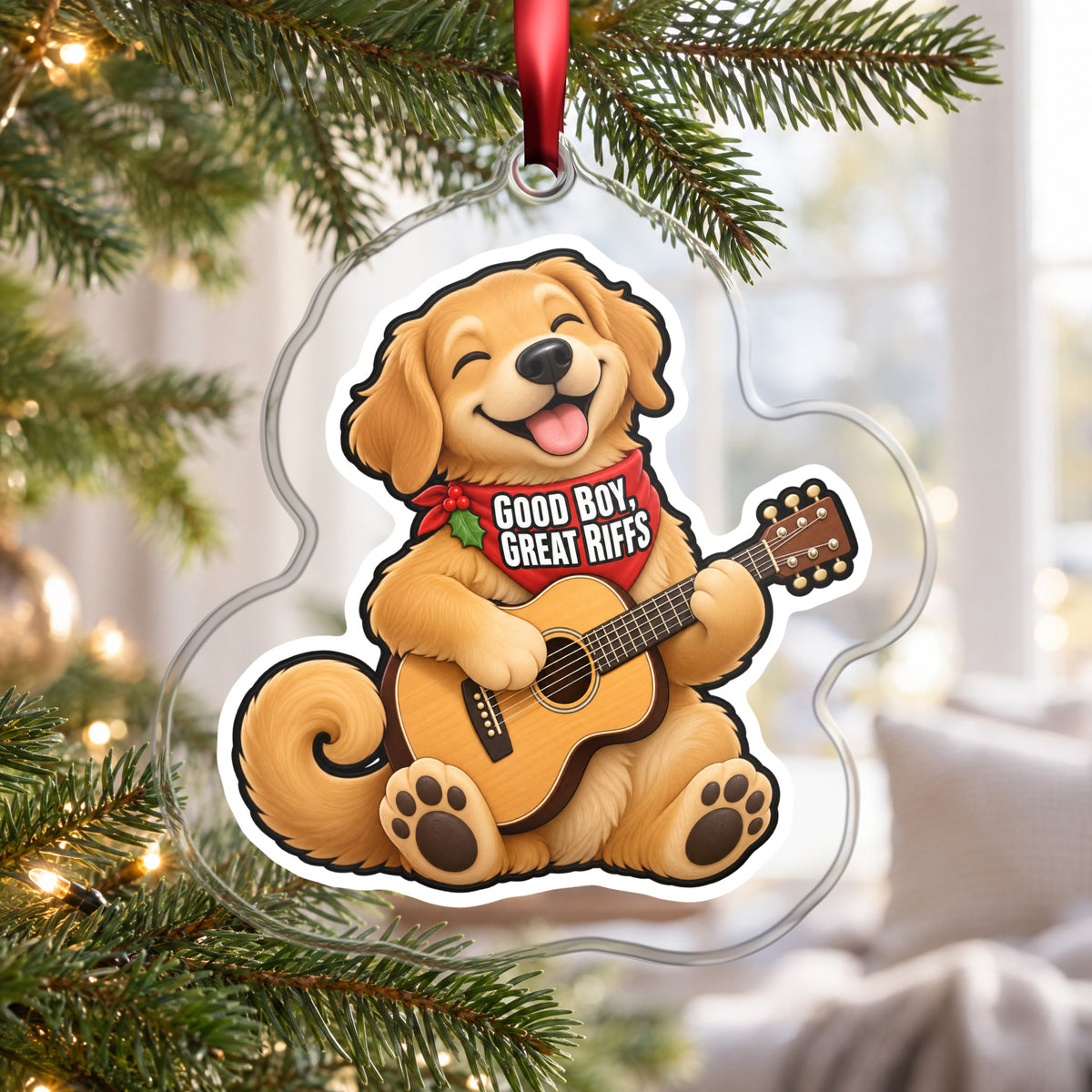 Good Boy, Great Riffs Dog Guitar clear acrylic Christmas ornament hanging on a Christmas tree by a bright window