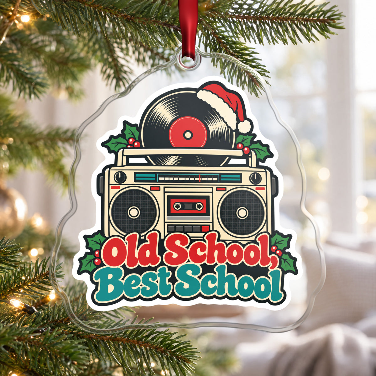 Old School, Best School Boombox clear acrylic Christmas ornament hanging on a Christmas tree by a bright window