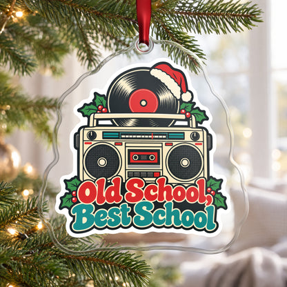 Old School, Best School Boombox clear acrylic Christmas ornament hanging on a Christmas tree by a bright window