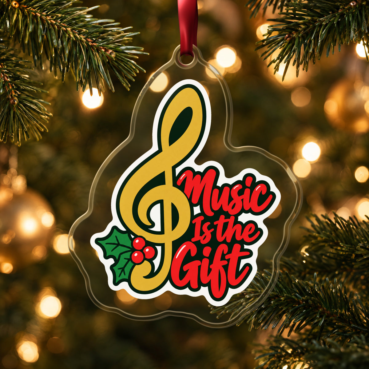 Music Is the Gift Treble Clef clear acrylic Christmas ornament hanging on a lit Christmas tree with warm gold lights