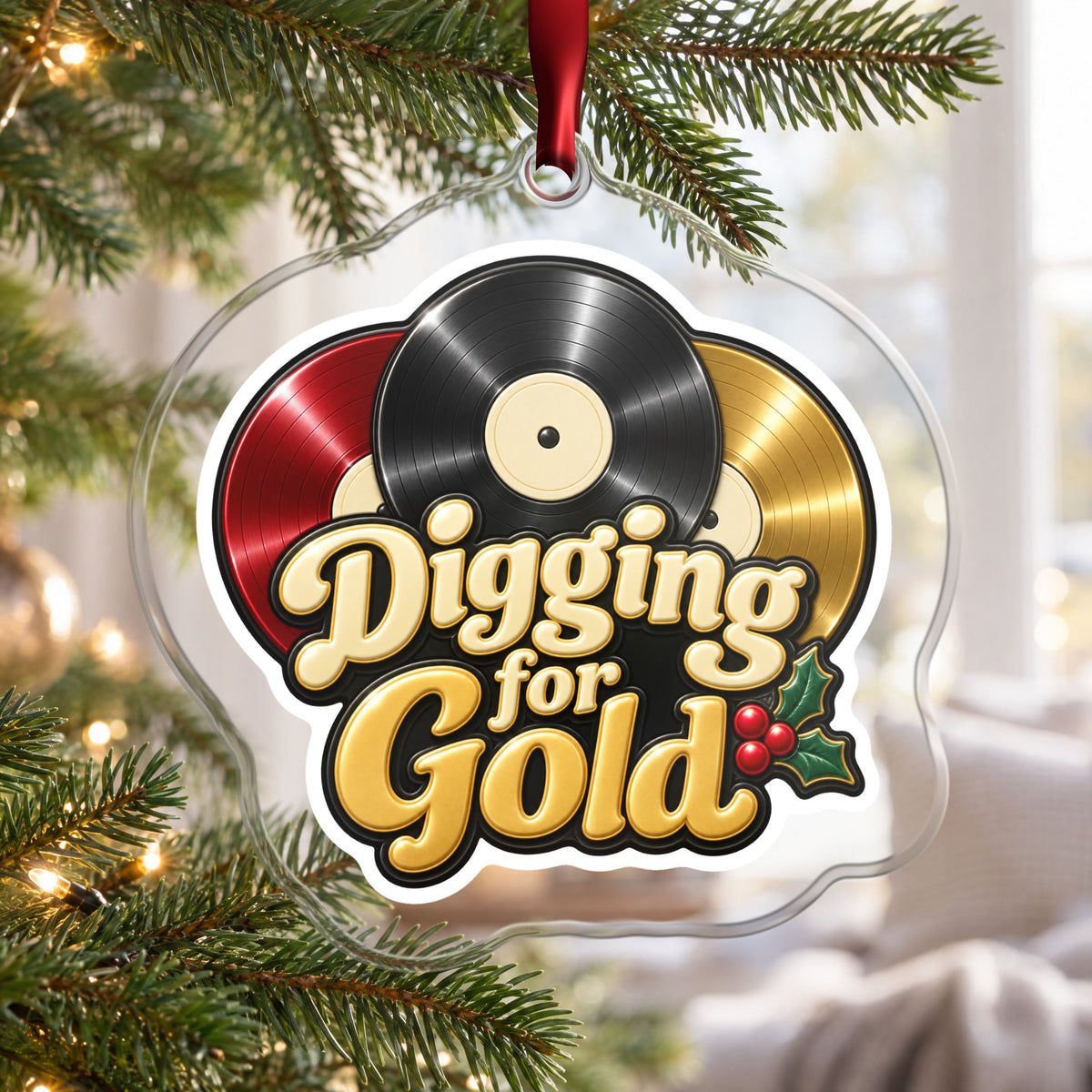 Digging for Gold Vinyl Records clear acrylic Christmas ornament hanging on a Christmas tree by a bright window