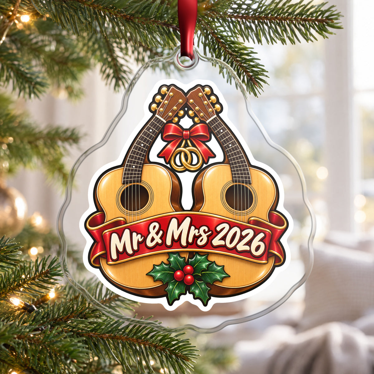 Mr & Mrs First Christmas 2026 Guitar clear acrylic Christmas ornament hanging on a Christmas tree by a bright window