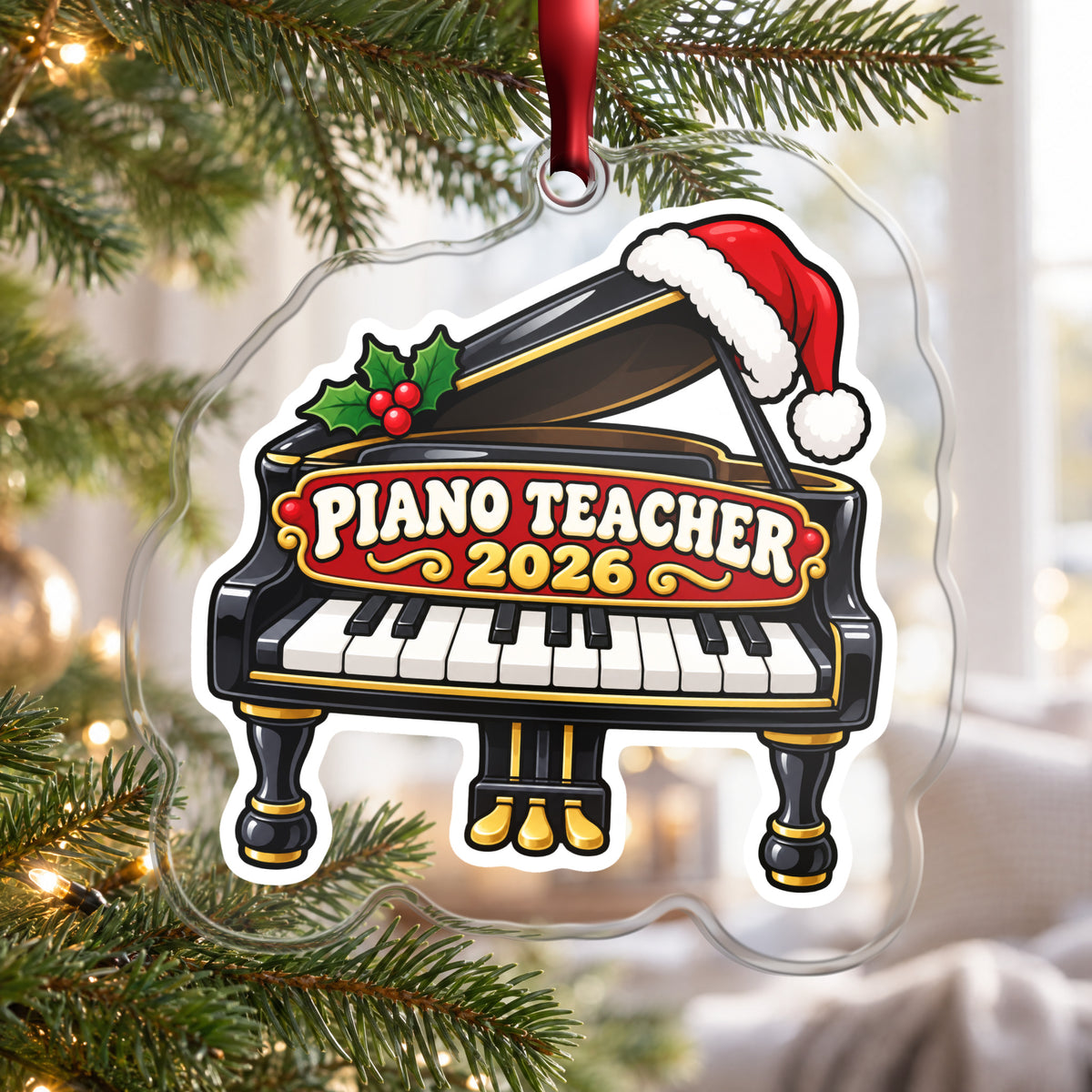 Piano Teacher 2026 clear acrylic Christmas ornament hanging on a Christmas tree by a bright window