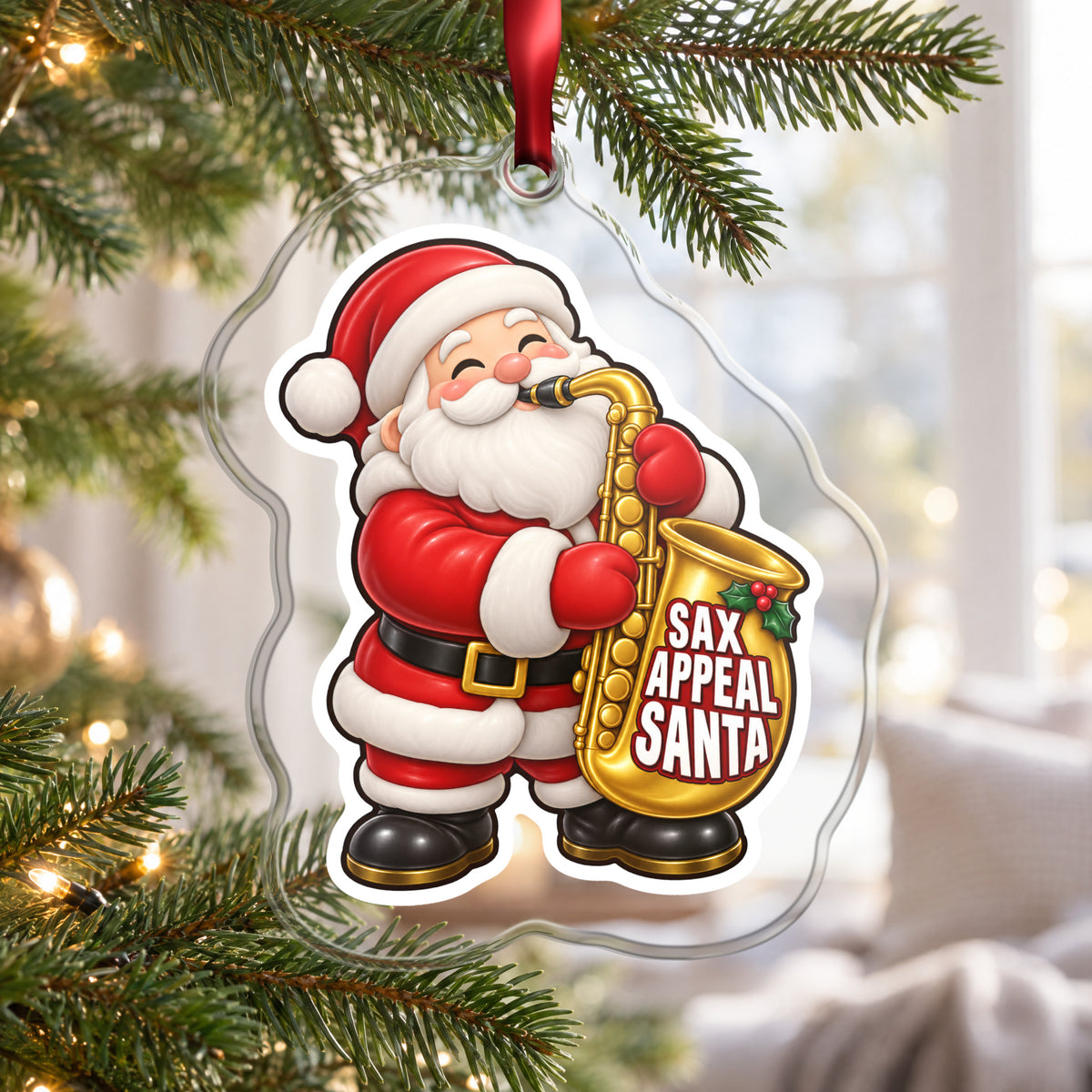 Sax Appeal Santa Saxophone clear acrylic Christmas ornament hanging on a Christmas tree by a bright window