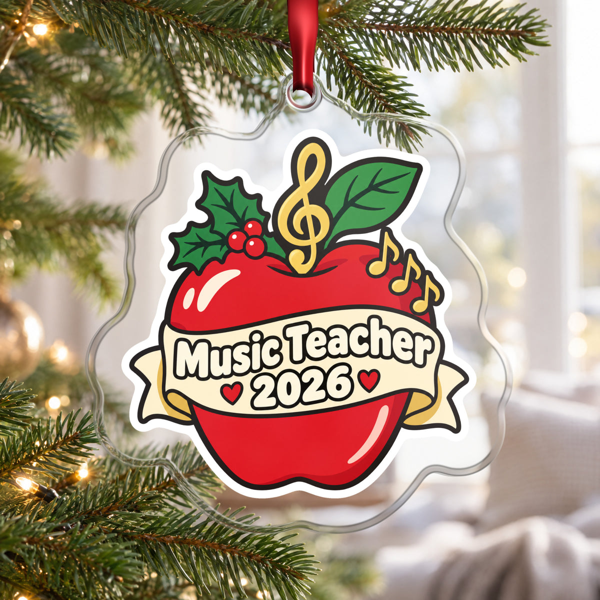 Music Teacher 2026 clear acrylic Christmas ornament hanging on a Christmas tree by a bright window