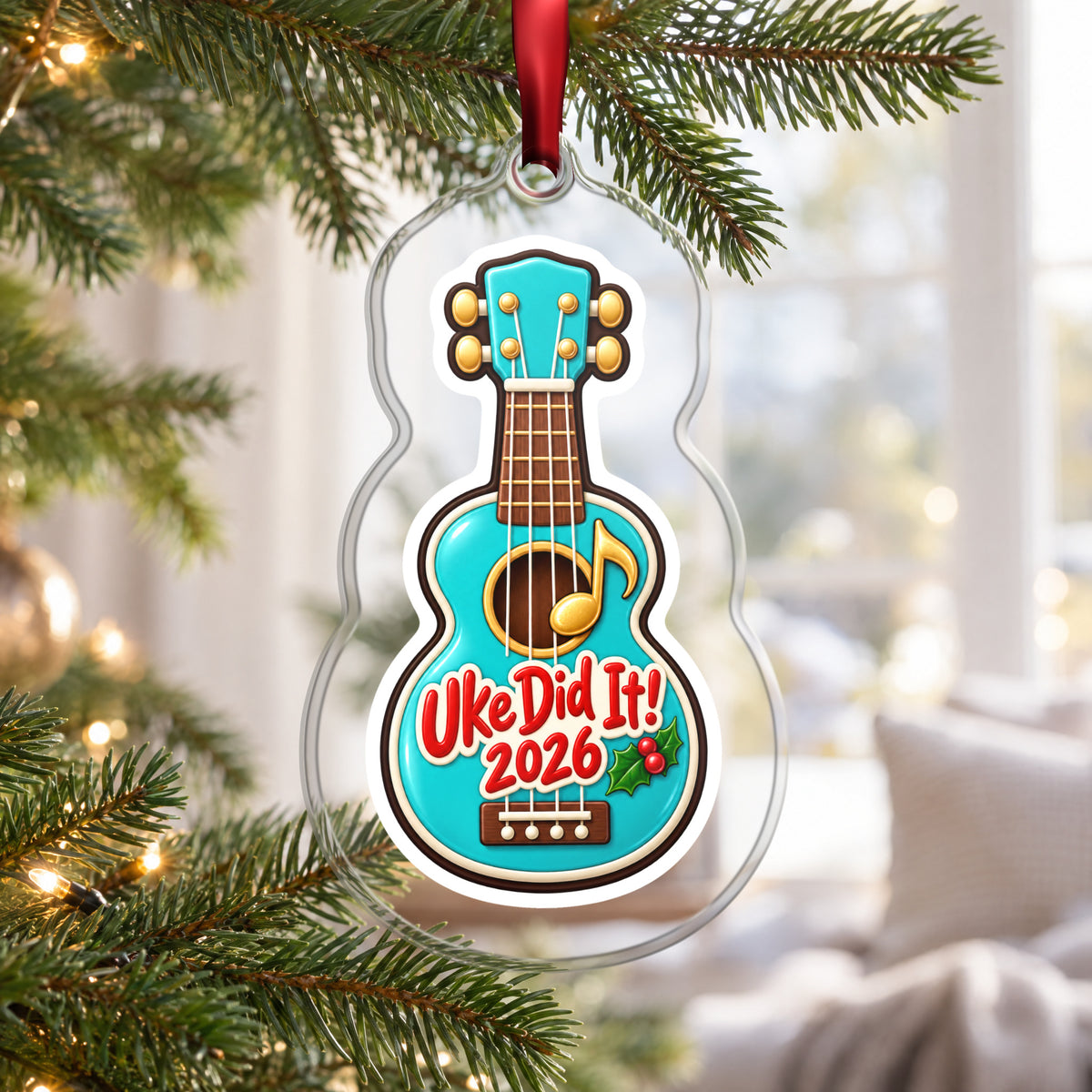 Uke Did It 2026 First Ukulele clear acrylic Christmas ornament hanging on a Christmas tree by a bright window