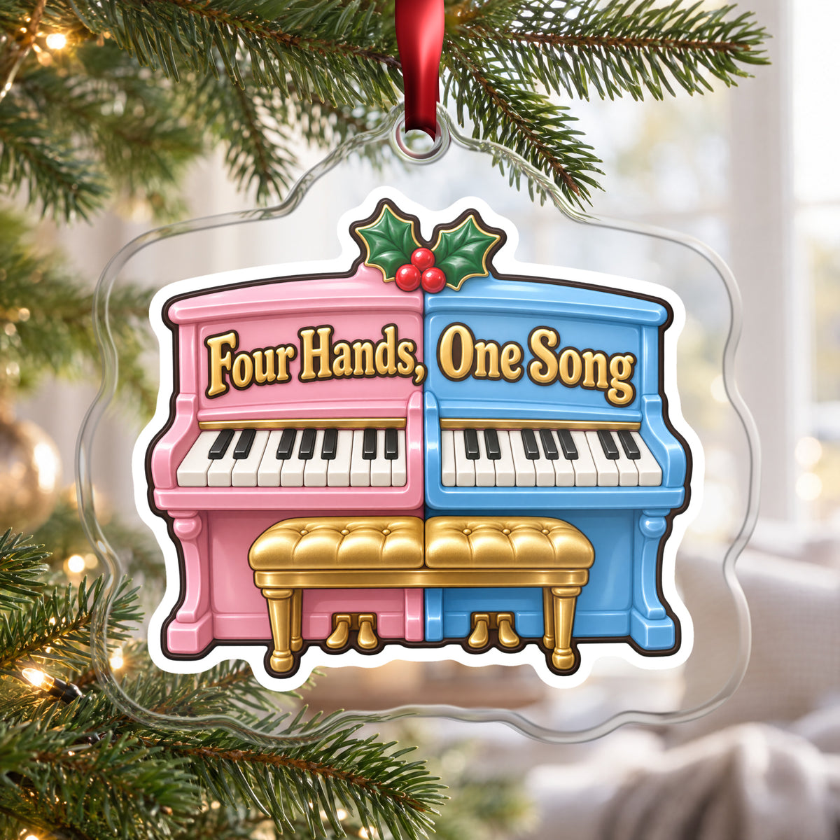 Four Hands, One Song Piano Duet clear acrylic Christmas ornament hanging on a Christmas tree by a bright window