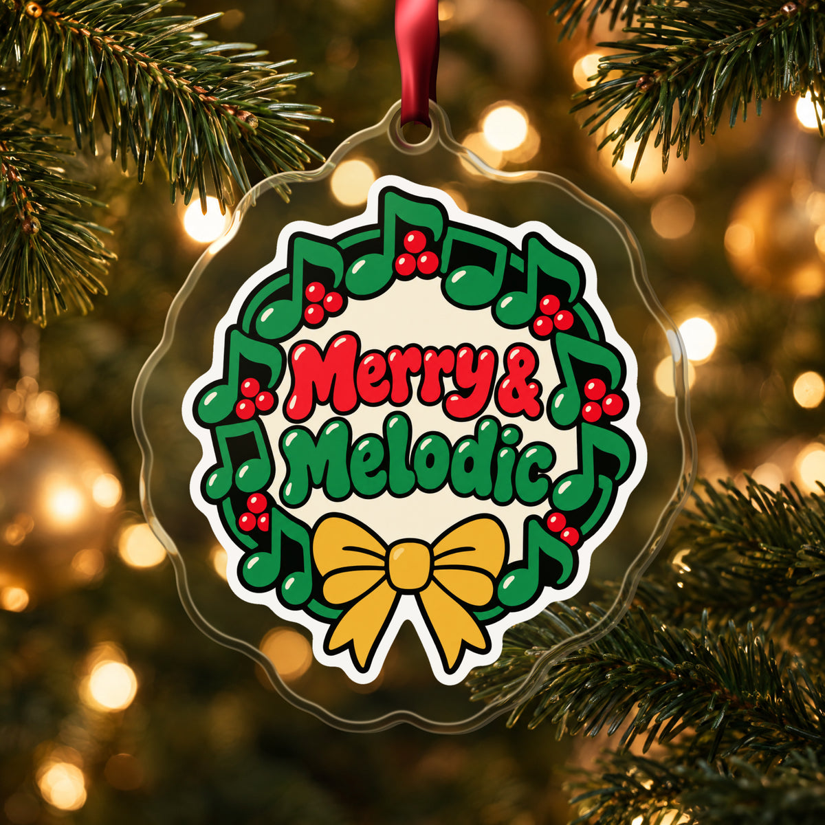 Merry & Melodic Music Note Wreath clear acrylic Christmas ornament hanging on a lit Christmas tree with warm gold lights