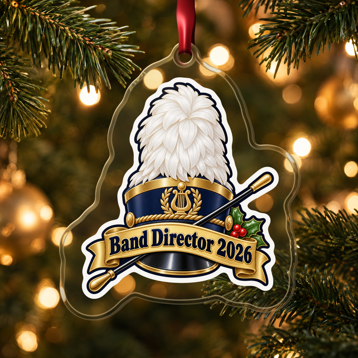 Band Director 2026 clear acrylic Christmas ornament hanging on a lit Christmas tree with warm gold lights