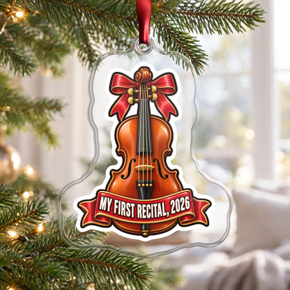 My First Violin Recital 2026 clear acrylic Christmas ornament hanging on a Christmas tree by a bright window